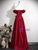Elegant Burgundy Satin Off the Shoulder Pleats Flower Prom Dress