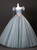 Gray Tulle Puff Sleeve Flower Prom Dress