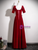 Burgundy Velvet V-neck Short Sleeve Bow Prom Dress