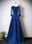 Navy Blue Satin Short Sleeve Beading Appliques Prom Dress