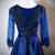 Navy Blue Satin Short Sleeve Beading Appliques Prom Dress