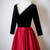 Burgundy Satin Black Velvet Short Sleeve Prom Dress