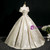 Champagne Print Puff Sleeve 3D Flower Quinceanera Dress