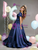 Navy Blue Satin Puff Sleeve Prom Dress