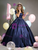 Navy Blue Puff Sleeve Pearls Quinceanera Dress