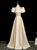 Champagne Satin Puff Sleeve Appliques Prom Dress