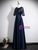 Navy Blue Satin Short Sleeve Prom Dress