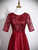 Burgundy Satin Sequins Short Sleeve Prom Dress