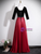 Burgundy Satin Black Velvet V-neck Short Sleeve Prom Dress