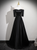 Black Satin Short Sleeve Appliques Prom Dress