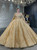 Gold Sequins V-neck Long Sleeve Pearls Wedding Dress