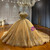 Gold Tulle Off the Shoulder Appliques Wedding Dress