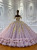 Pink purple ombre tulle off shoulder wedding dress with floral appliques and ball gown silhouette - front view