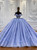 Vintage blue tulle ball gown wedding dress featuring an off-the-shoulder neckline and delicate lace appliques on a floor-length flowing skirt.