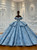 Blue off the shoulder tulle wedding dress with sequins and floral appliqués