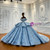 Blue Tulle Sequins Off the Shoulder Appliques Wedding Dress