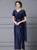 Navy Blue Satin Short Sleeve Beading Mother Of The Bride Dress