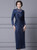 Blue Long Sleeve High Neck Beading Pleats Mother Of The Bride Dress