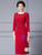 Red 3/4 Sleeve Beading Flower Mother Of The Bride Dress