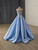 Blue Satin Sequins Sleeveless Prom Dress With Shawl