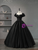 Black Satin Puff Sleeve Appliques Beading Quinceanera Dress
