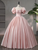 Pink Satin Beading Puff Sleeve Bow Quinceanera Dress