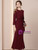 Burgundy 3/4 Sleeve Split Crystal Mother of the Bride Dress