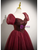 Burgundy Tulle Sequins Puff Sleeve Prom Dress
