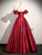 Burgundy Satin Puff Sleeve Flower Prom Dress