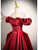 Burgundy Satin Puff Sleeve Flower Prom Dress