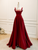Burgundy Satin Straps Beading Prom Dress
