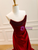 Burgundy Satin Strapless Pleats Beading Prom Dress