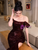 Burgundy Sequins Off the Shoulder Pleats Split Prom Dress