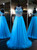 Princess Scoop Neck Tulle Sweep Train Crystal Detailing Blue Prom Dresses