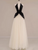 White Tulle Black Velvet V-neck Pearls Prom Dress