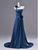 Blue Satin Pleats Flower One Shoulder Prom Dress