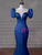 Blue Mermaid Satin Puff Sleeve Prom Dress