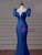 Blue Mermaid Satin Puff Sleeve Prom Dress