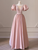 Pink Satin Sequins Puff Sleeve Prom Dress