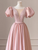 Pink Satin Sequins Puff Sleeve Prom Dress