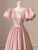 Pink Satin Sequins Puff Sleeve Prom Dress