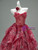 Burgundy Print Strapless Flower Prom Dress