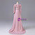 Pink Long Sleeve V-neck Appliques Beading Prom Dress
