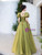 Green Puff Sleeve Pleats Prom Dress