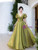 Green Puff Sleeve Pleats Prom Dress
