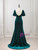 Green Velvet Puff Sleeve Split Prom Dress