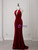 Burgundy Mermaid Velvet Halter Beading Prom Dress