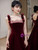 Burgundy Velvet Straps Flower Prom Dress