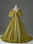 Green Satin Puff Sleeve Beading Prom Dress