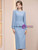 Blue Long Sleeve Pleats Mother of the Bride Dress